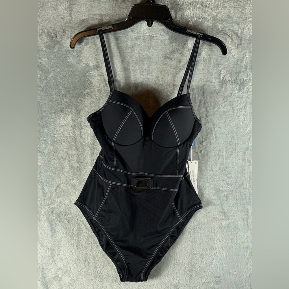 Bleu Rod Beattie Womens Swimsuit 8 One Piece Bustier Retro Pin Up Black Belt NWT